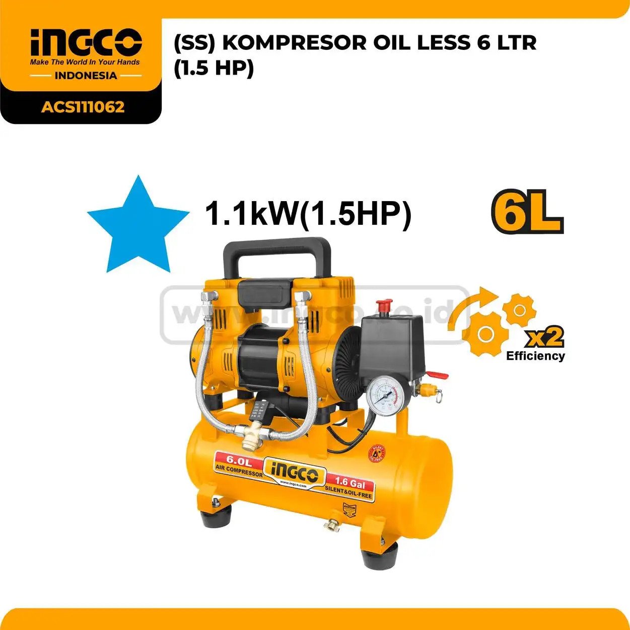 Compresseur Silencieux 6L 1100W(1.5HP) ACS111062 Compresseurs INGCO Compresseur Silencieux 6L 1100W(1.5HP) ACS111062 - ABMAROC | Vente de matériel de bricolage, jardinage, électroportatif en ligne - Bricolage maroc