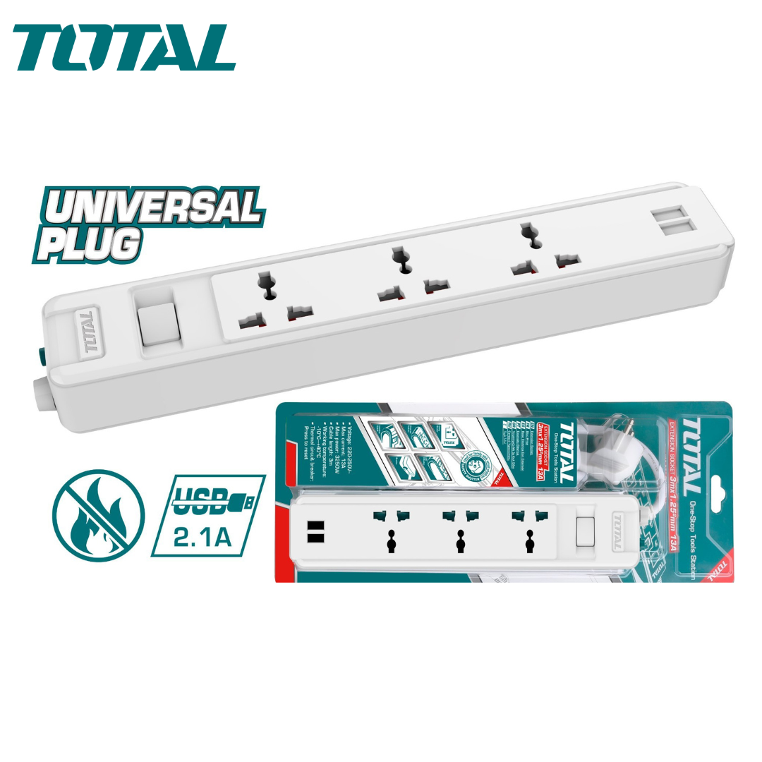 Prise d’extension & 2 ports USB TOTAL Consommables machines TOTAL Prise d’extension & 2 ports USB TOTAL - ABMAROC | Vente de matériel de bricolage, jardinage, électroportatif en ligne - Bricolage maroc