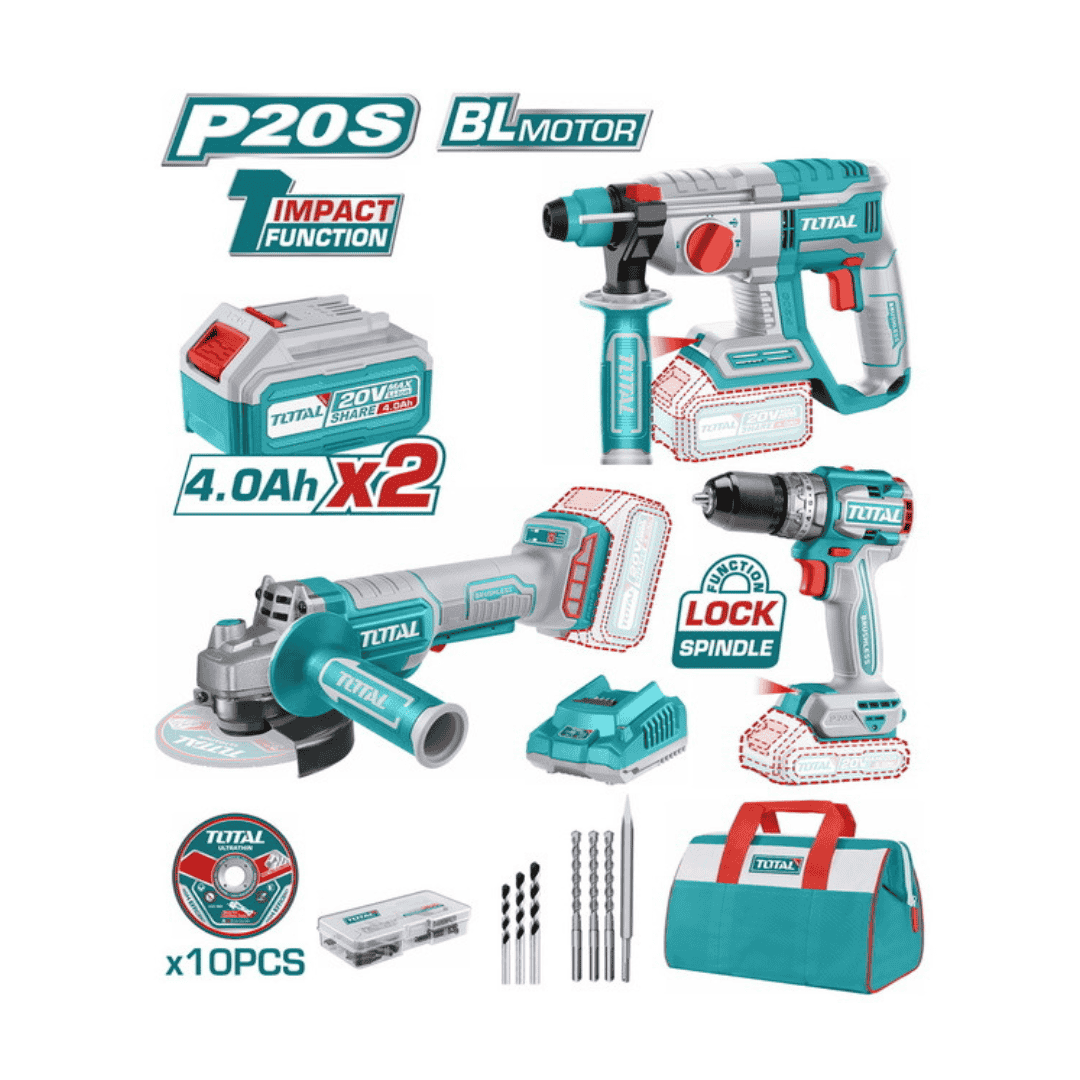 Kit combo 3 pièces sans-fil Brushless 20V 4Ah – TOSLI240202 Outils Sans Fil TOTAL Kit combo 3 pièces sans-fil Brushless 20V 4Ah – TOSLI240202 - ABMAROC | Vente de matériel de bricolage, jardinage, électroportatif en ligne - Bricolage maroc