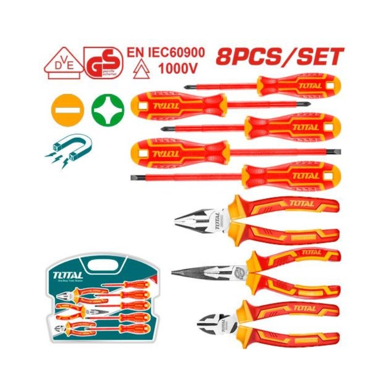 Jeu de 8 outils à main isolés Moins de -999 dh TOTAL Jeu de 8 outils à main isolés - ABMAROC | Vente de matériel de bricolage, jardinage, électroportatif en ligne - Bricolage maroc